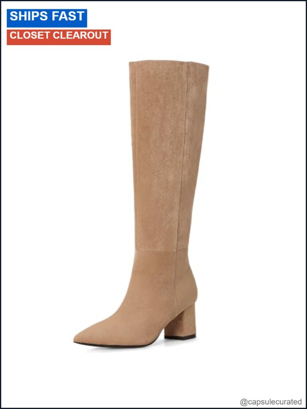 Women's Knee High Boots Pointed Toe Low Chunky Heel Faux Suede Zip